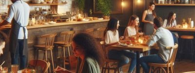 A cosy coffee shop with latte art and pastries